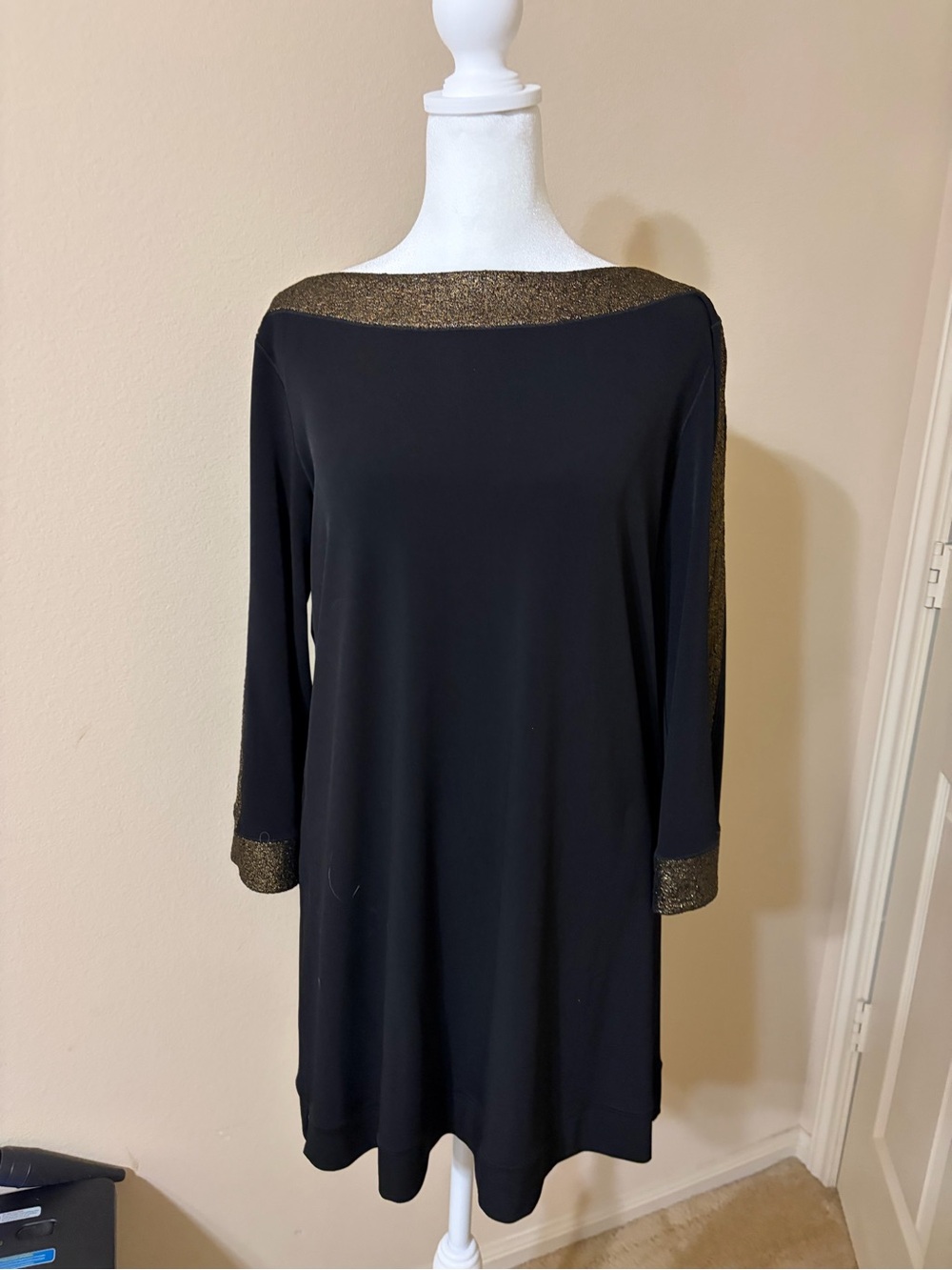 eva varro Black Tunic with Gold Trim Boatneck